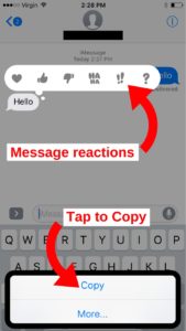 copy message in the messages app