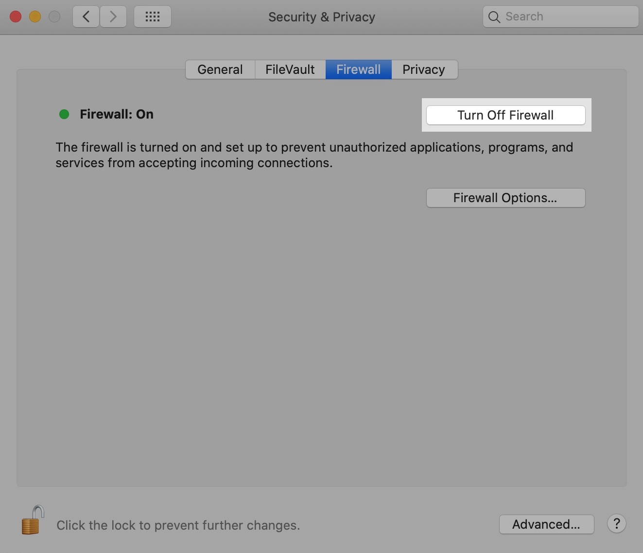 turn off mac os firewall